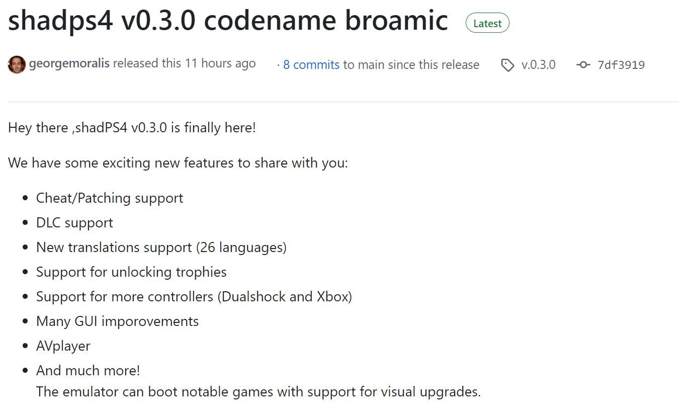 PS4模拟器shadPS4发布0.3.0版：新增作弊支持、DLC兼容与多语言功能